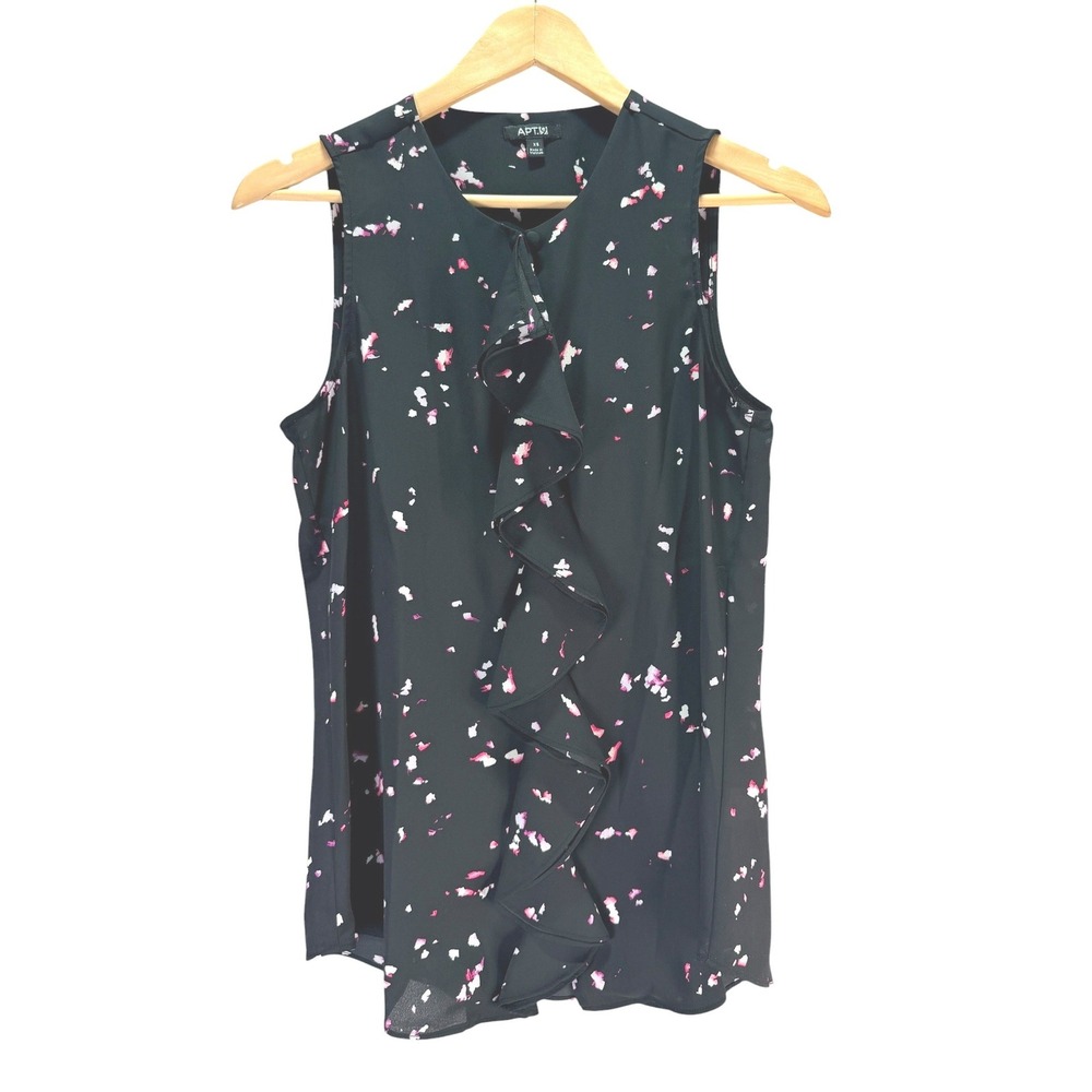 Apt. 9 Ruffle Blouse Womens XS Black Pink Floral Sleeveless Career Office Top